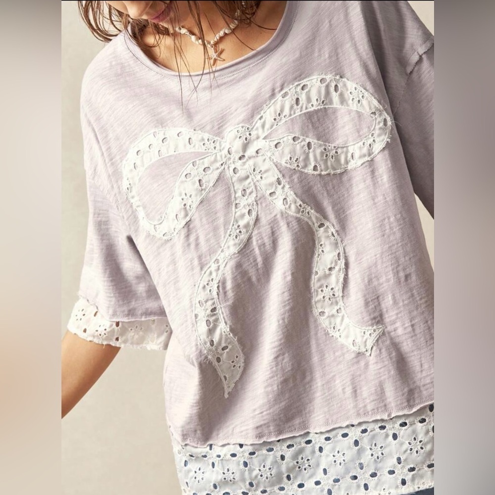 Women's Lace Bow Top - Light Gray - Picture 6 of 10